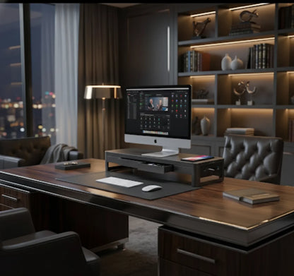 Modern executive office with a computer on a wooden desk and bookshelves in the background