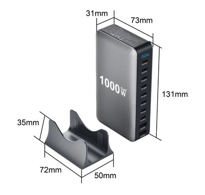 1000W GaN power adapter with multiple USB ports, shown with dimensions and a matching stand