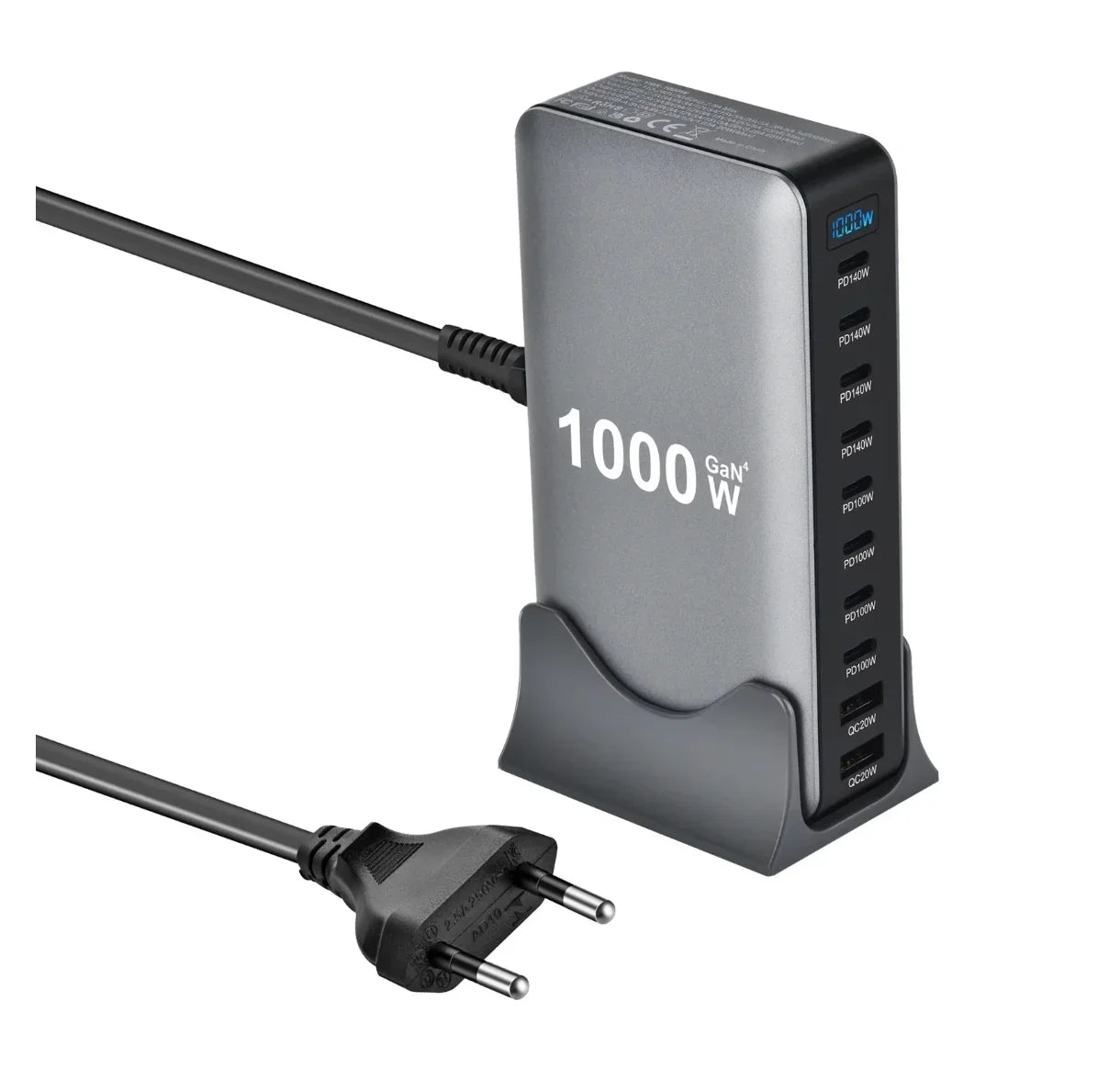 1000W GaN power charger with multiple USB ports and EU plug