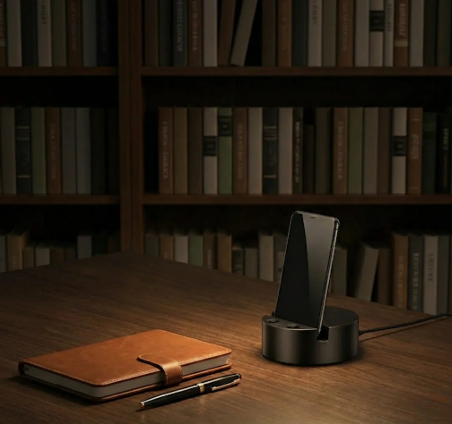Modern smartphone charging dock on wooden desk with notebook, pen, and bookshelf background