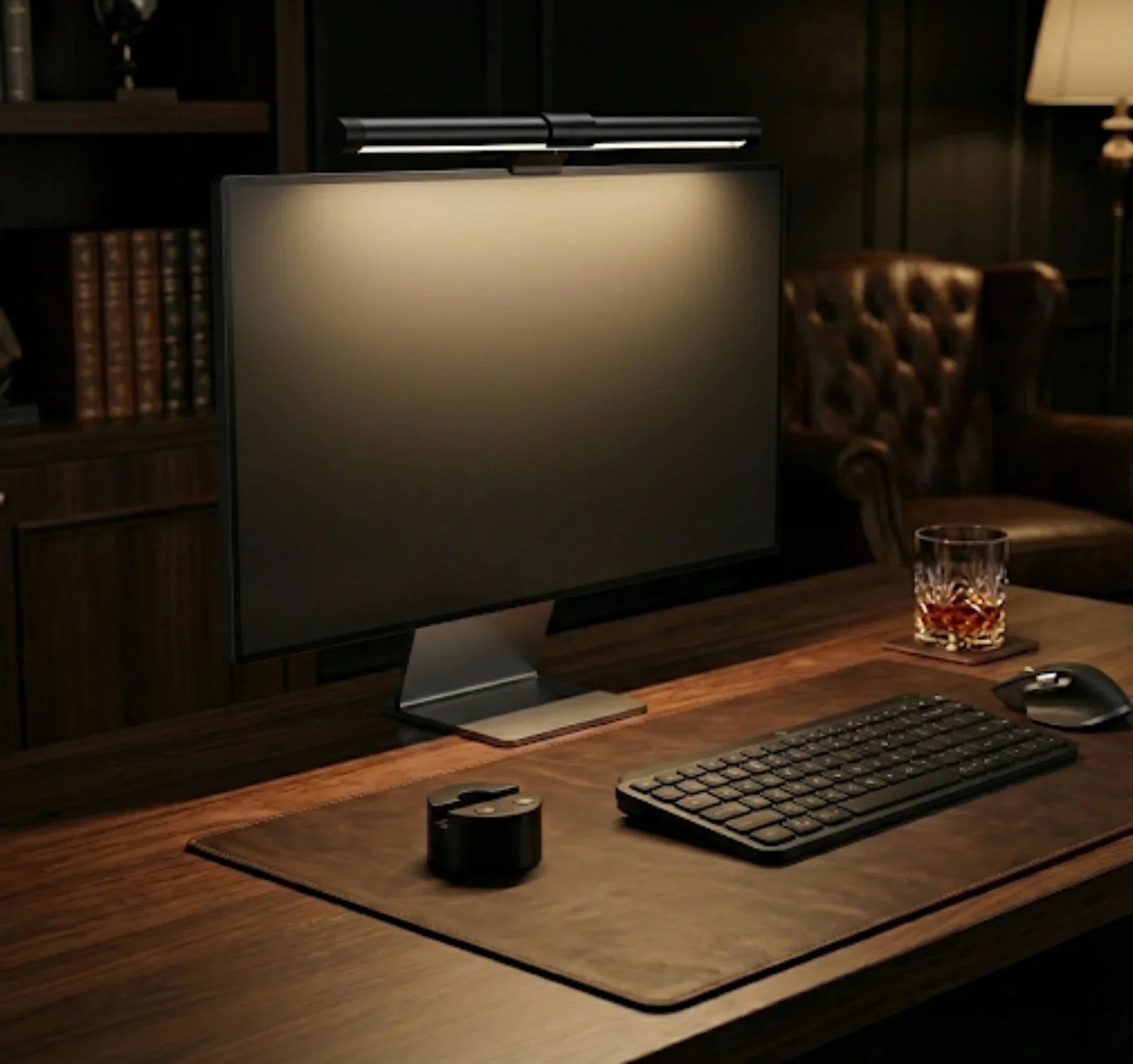 Modern office desk with monitor, wireless keyboard, mouse, desk lamp, and glass of whiskey