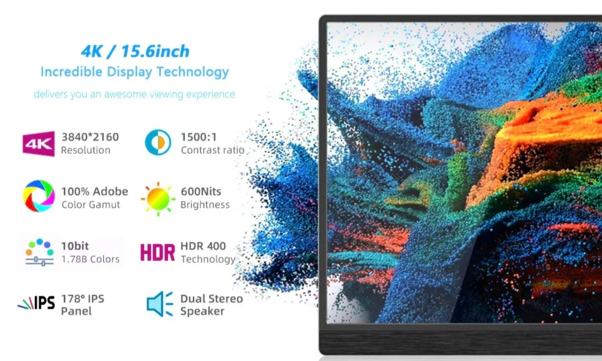 15.6-inch 4K monitor with 3840x2160 resolution, HDR, 100% Adobe color, IPS panel, dual speakers.