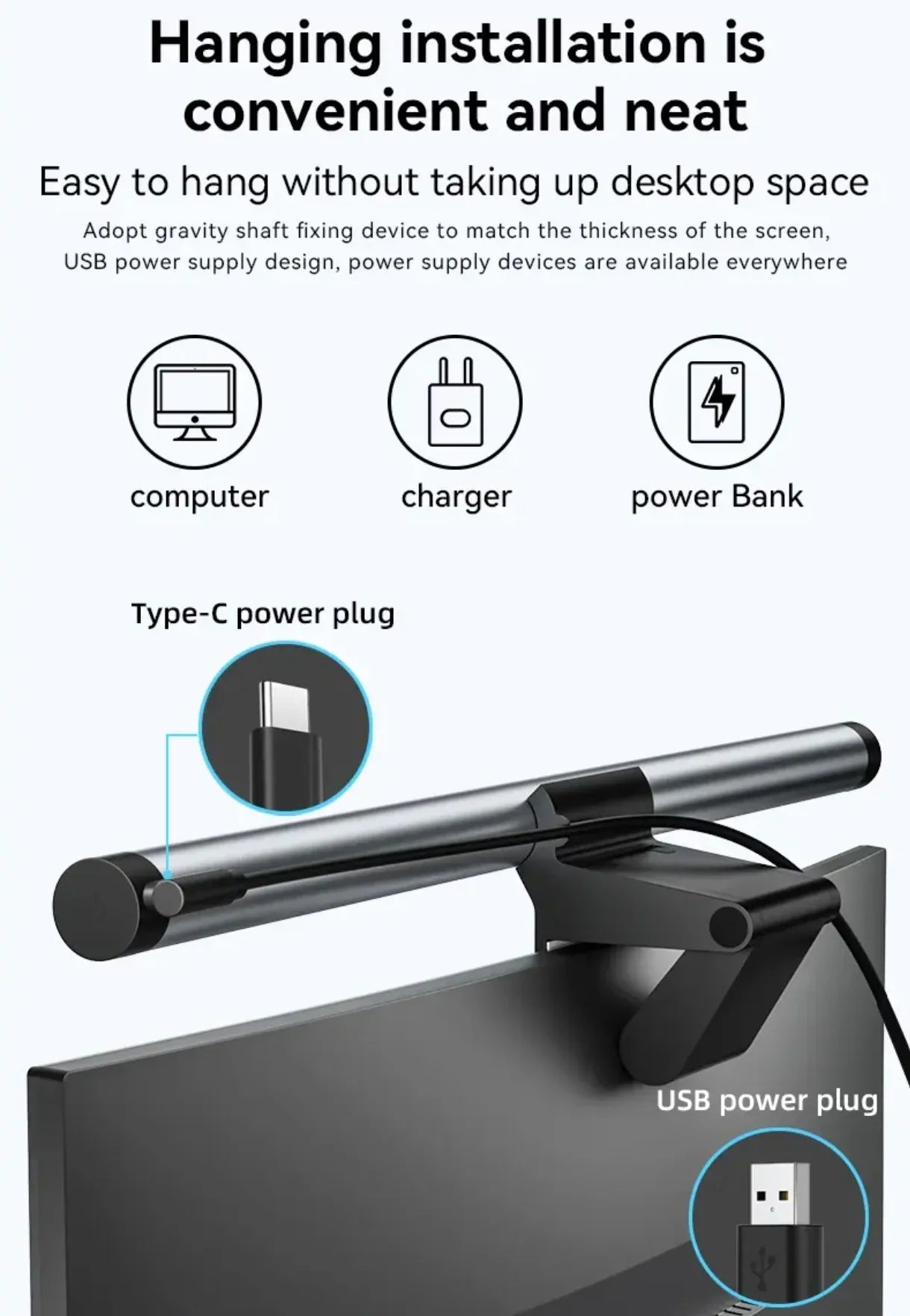 Clip-on monitor light bar with Type-C and USB power plug, showing easy hanging installation.