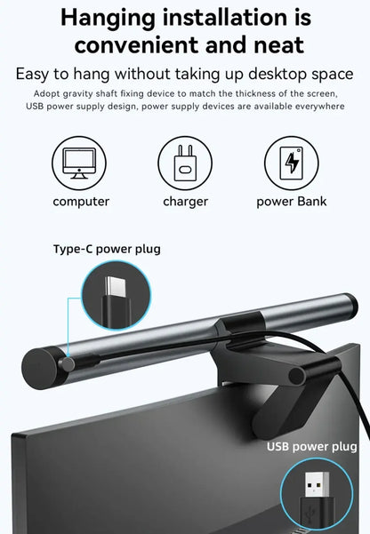 Clip-on monitor light bar with Type-C and USB power plug, showing easy hanging installation.